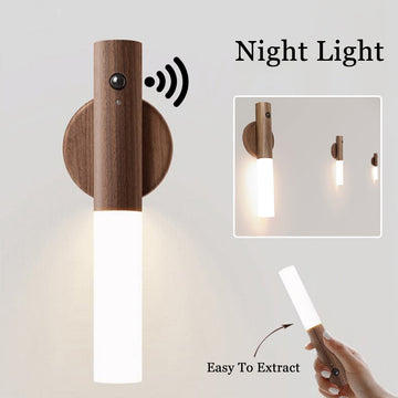 Auto LED Magnetic Wood Night Light – Wireless USB Rechargeable | PIR Motion Sensor | Wall & Cabinet Light