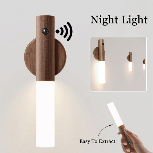 Auto LED Magnetic Wood Night Light – Wireless USB Rechargeable | PIR Motion Sensor | Wall & Cabinet Light